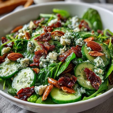 Spring Green Salad with Honey Mustard and Almonds: a crisp, vibrant bowl of mixed greens, snap peas, and radishes, tossed in tangy honey mustard dressing and topped with crunchy toasted almonds.