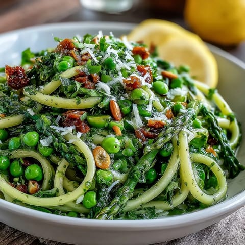 Crisp asparagus ribbons, sweet green peas, and peppery arugula tossed in zesty lemon dressing for a bright, healthy salad.