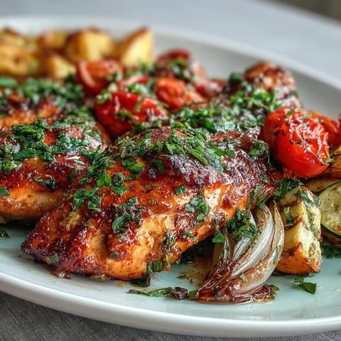 Vibrant sheet pan chicken dinner with zucchini and cherry tomatoes, bursting with fresh spring flavors and colorful vegetables.