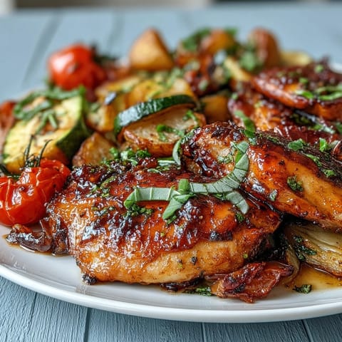 Juicy chicken breasts roasted with zucchini and cherry tomatoes, creating a simple yet elegant spring dinner perfect for weeknights.