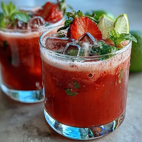 A vibrant strawberry lemon sparkling mocktail with fresh mint garnish, perfect for spring gatherings and warm afternoons.