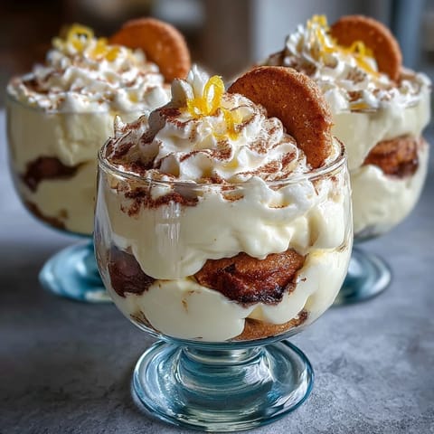 Individual limoncello tiramisu cups featuring layers of soaked ladyfingers and smooth mascarpone cream, topped with fresh lemon zest.