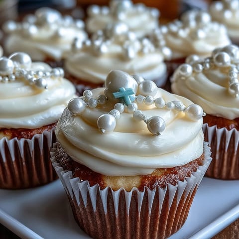 Delicate mini vanilla cupcakes topped with smooth buttercream and elegant fondant rosary toppers for a First Communion celebration.