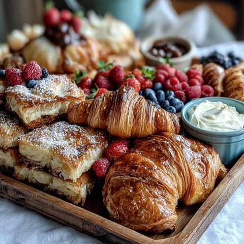 Vibrant Mothers Day brunch board with flaky pastries, fresh fruit, and mimosas for a festive celebration.