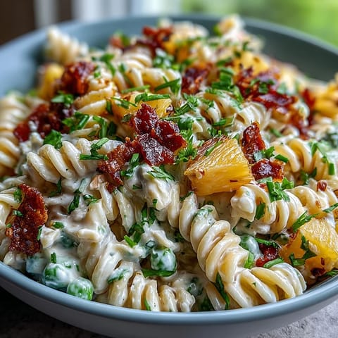 Creamy Hawaiian Pasta Salad featuring tender ham, juicy pineapple, and a tangy ranch dressing.