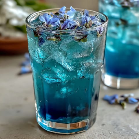 Refreshing butterfly pea flower color-change lemonade with vibrant blue infusion and zesty lemon slices in clear glasses.
