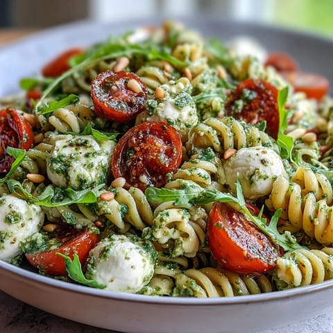 A colorful summer pasta salad with pesto, cherry tomatoes, and mozzarella—perfect for picnics and light lunches.