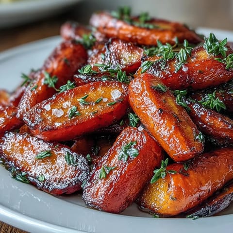 Golden honey-glazed carrots roasted with thyme, their caramelized edges glistening and aromatic, perfect for Easter dinner or holiday gatherings.