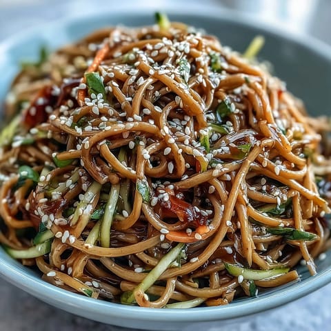 Chilled soba noodle salad with sesame ginger dressing, vibrant with fresh vegetables.