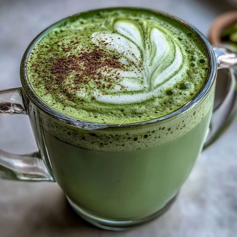 Creamy, vegan matcha oat milk latte, artfully prepared and ready to enjoy hot.
