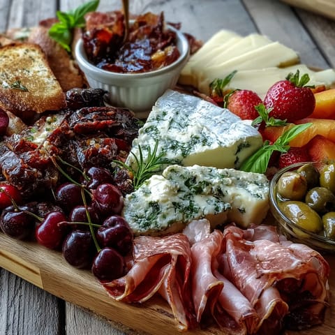 Artisan cheeses, meats, and ripe fruit create a delightful summer charcuterie board.