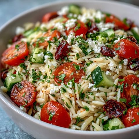 Refreshing Summer Orzo Salad with Feta and Lemon topping.