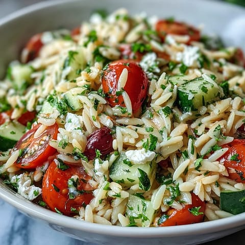 Vibrant Summer Orzo Salad featuring creamy feta, bright lemon dressing.