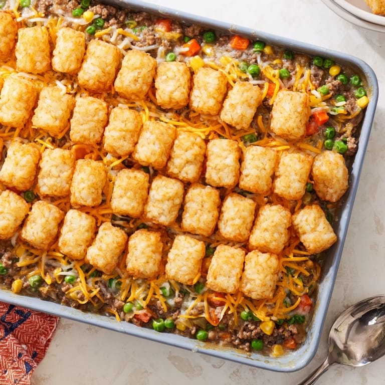 Family-style Tater Tot Casserole with crispy tots and fresh parsley garnish on a wooden table.
