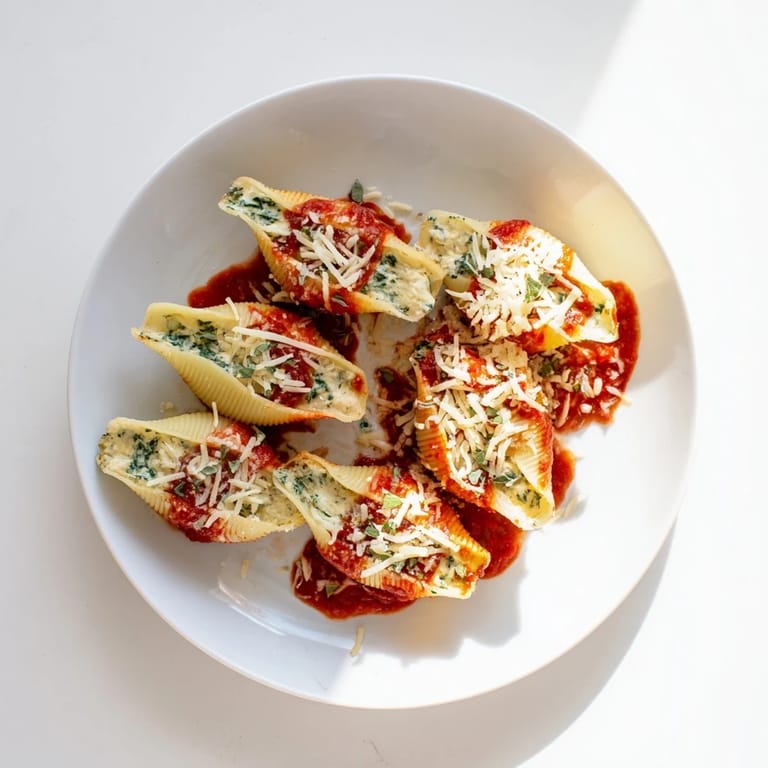 A close-up of Stuffed Shells filled with creamy ricotta and spinach, served on a rustic wooden table.