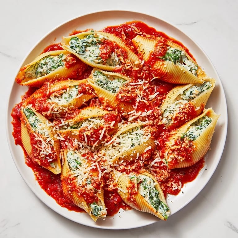Four golden Stuffed Shells topped with Parmesan and fresh basil, ready to serve for dinner.