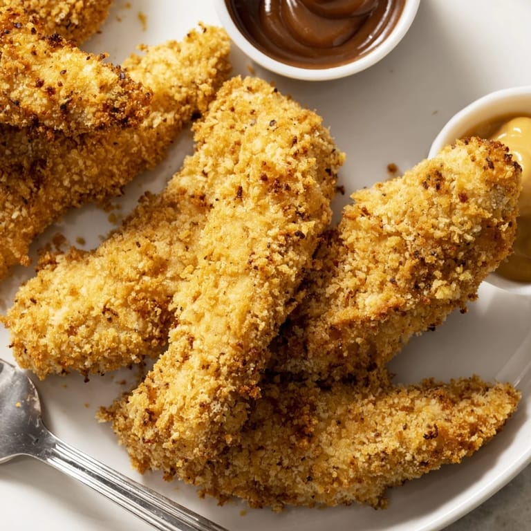 Juicy breaded Chicken Tenders resting on a wire cooling rack, steam rising from the perfectly fried golden coating.