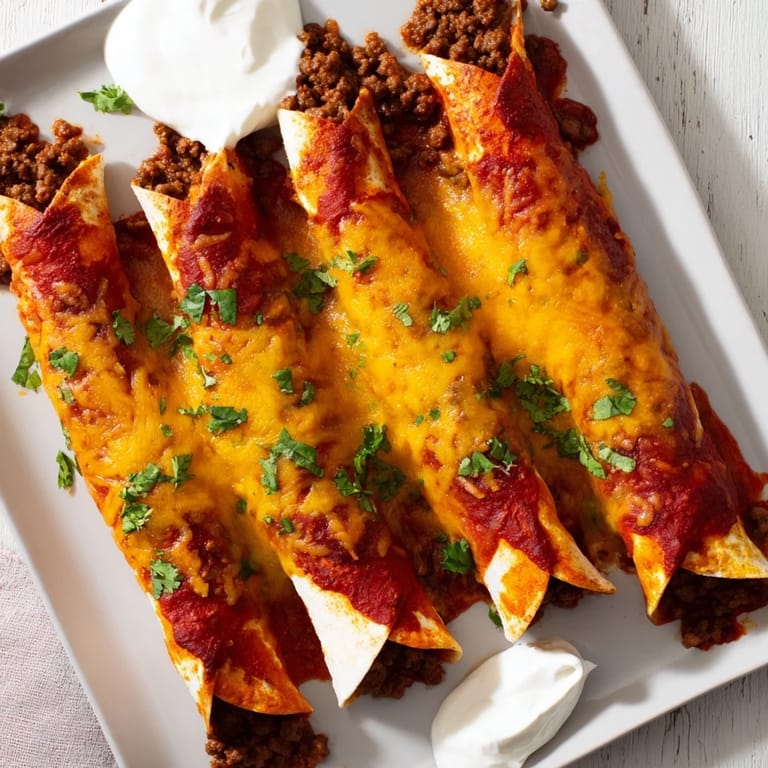 Beef Enchiladas rolled in flour tortillas, smothered in red enchilada sauce, ready to serve for family dinner.