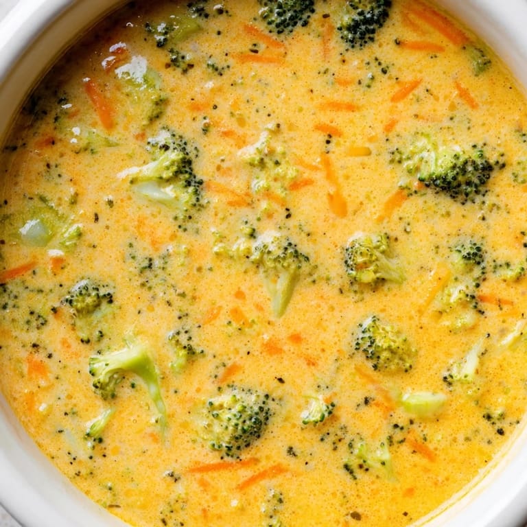 Steaming bowl of broccoli cheddar soup with crusty bread for dipping.