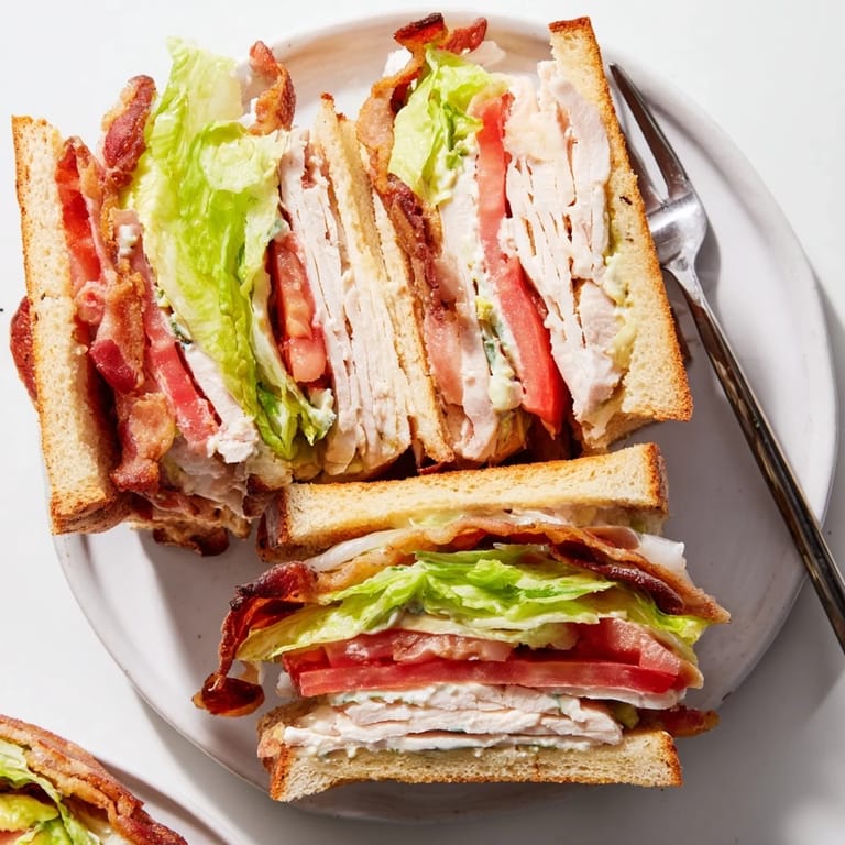Freshly prepared Turkey Club Sandwich cut into quarters, revealing stacked turkey, crisp bacon, and vibrant lettuce with a side of pickles.