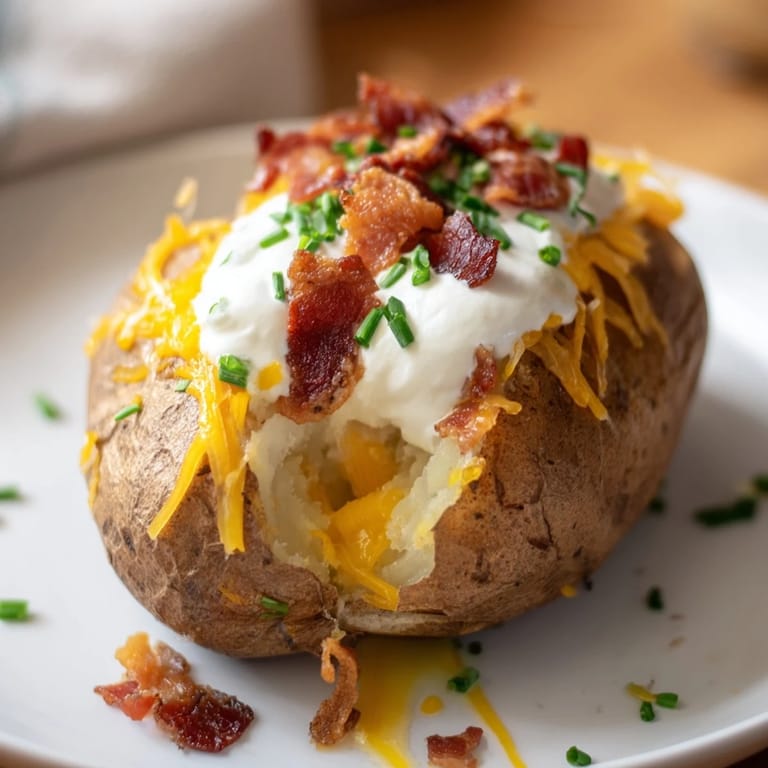 Steam rising from split baked potato loaded with melted cheddar, crispy bacon crumbles, sour cream, and chopped chives on a plate.