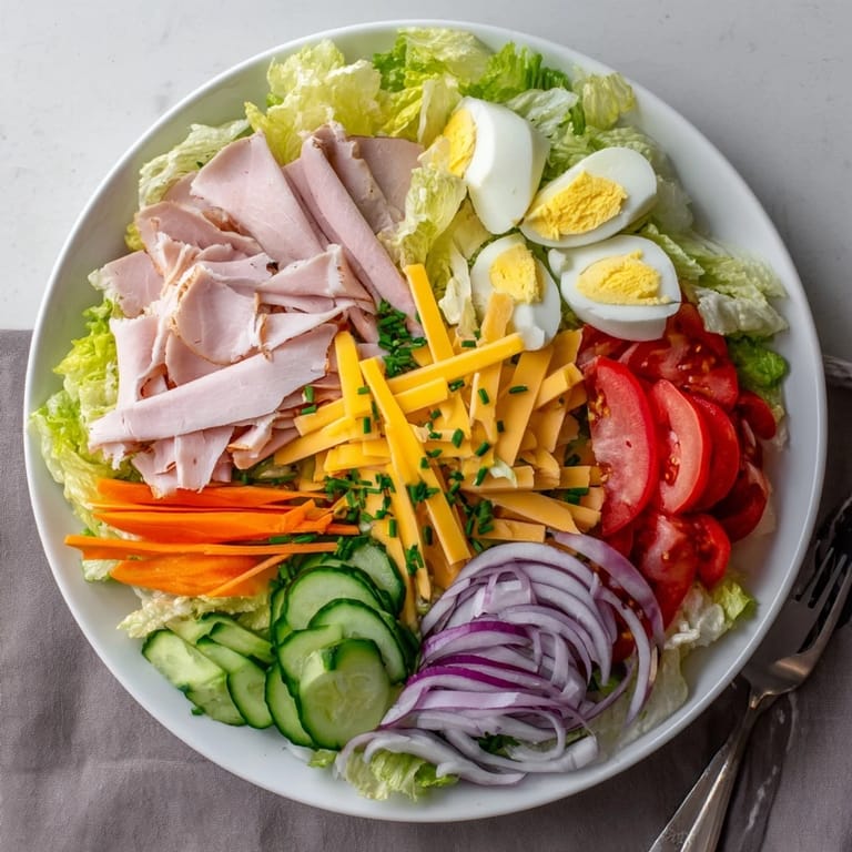 A colorful platter of Chef Salad topped with Swiss and cheddar, bright tomatoes, and a vinaigrette.