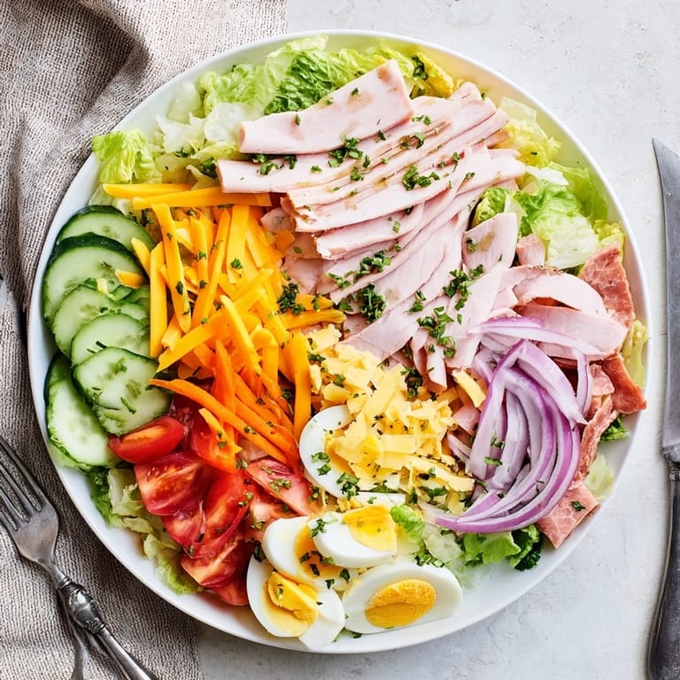 Close-up of a classic Chef Salad featuring quartered eggs, sliced meats, and crunchy vegetables.