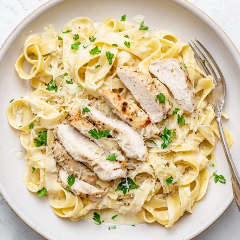 Golden, tender chicken slices rest atop a plate of Fettuccine Alfredo.