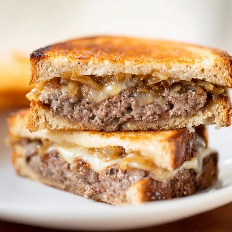 A diner-style Patty Melt oozes sweet caramelized onions and melted cheese between buttery slices.