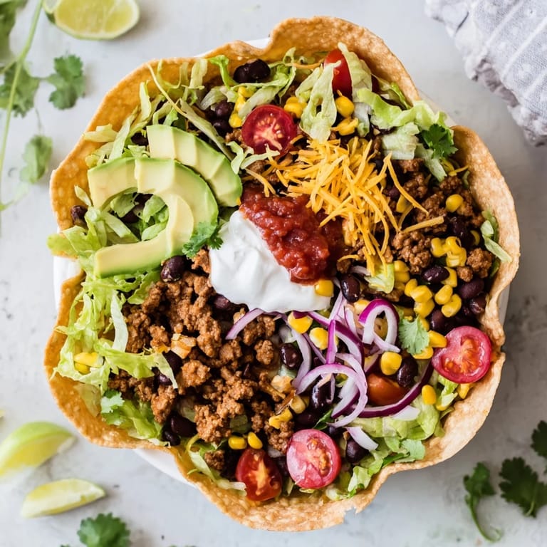 Golden baked taco salad bowl topped with creamy sour cream, chunky salsa, and diced avocado garnish. 