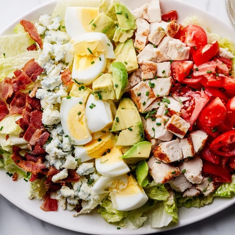 Colorful Cobb Salad plated on a white dish with diced tomatoes, crumbled blue cheese, creamy avocado, and golden bacon bits beside a small dressing bowl.