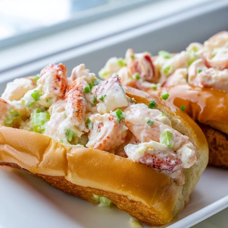 Golden-brown split-top New England Lobster Roll brimming with tender lobster salad, garnished with fresh parsley and lemon wedges.
