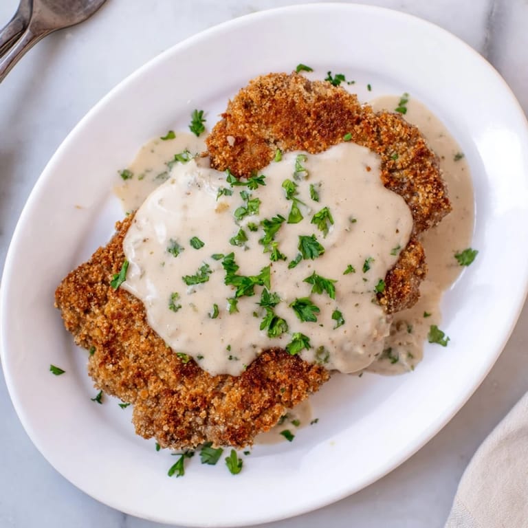 Hearty Southern chicken fried steak, golden and crunchy, drizzled with homemade white gravy, perfect dinner.