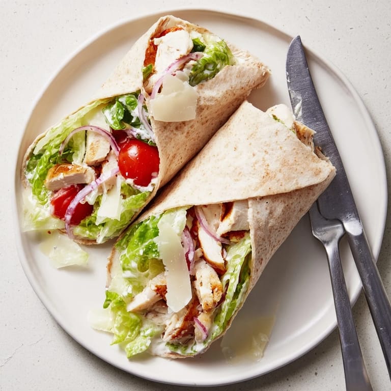 A freshly prepared Chicken Caesar Wrap cut diagonally in half, revealing layers of tender chicken, crunchy lettuce, and rich dressing inside.