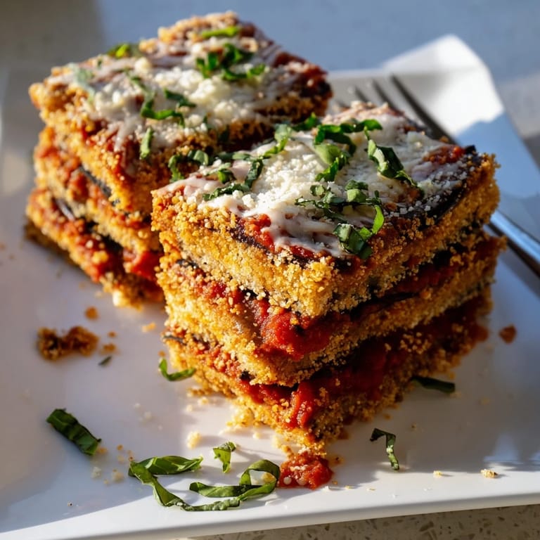 Fork-ready slices of Eggplant Parmesan beside fresh basil and a glass of Chianti on a rustic table.