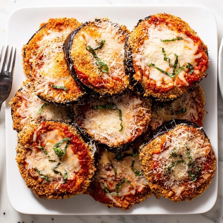 Homestyle Eggplant Parmesan with crispy breaded eggplant, bubbling cheese, and vibrant red tomato sauce layers.