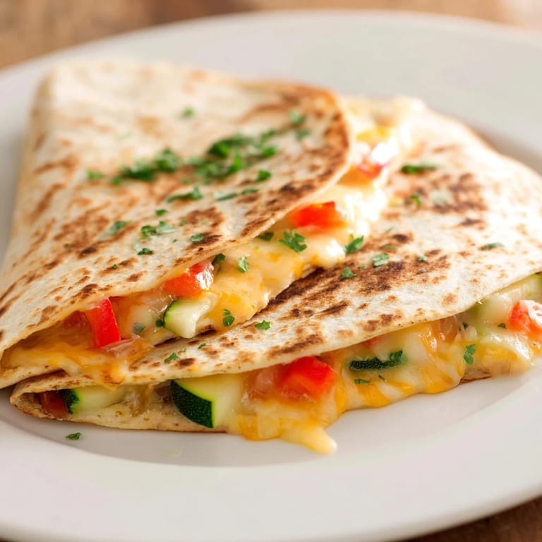 Pan-seared flour tortillas filled with seasoned vegetables and cheddar cheese, cut into triangles for easy dipping into chunky tomato salsa.