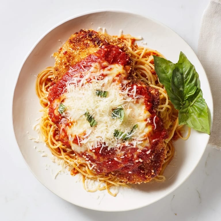 Crispy breaded chicken cutlets with bubbly cheese and fresh basil garnish, ready to serve for dinner.