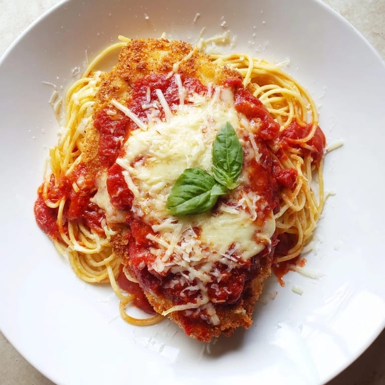 A close-up view of baked Chicken Parmesan, featuring golden edges and a savory marinara topping.