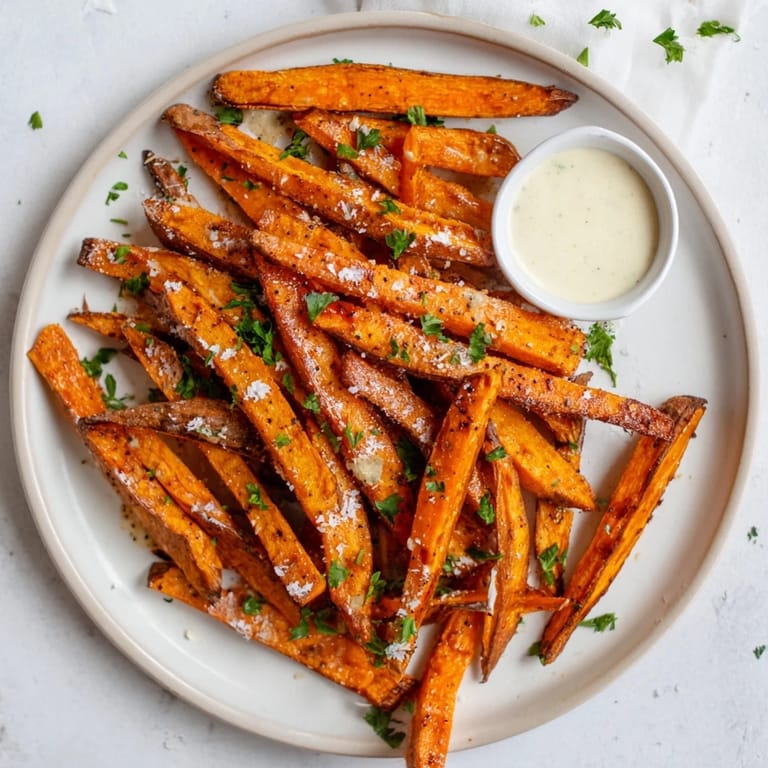 Freshly baked Sweet Potato Fries arranged on a baking sheet with a small bowl of aioli for dipping.