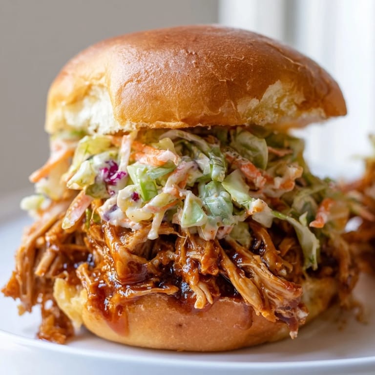 Tender pulled barbecue chicken piled on buttery brioche, topped with crunchy cabbage slaw, perfect for summer picnics.