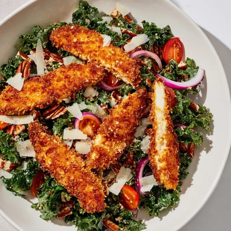 Serving of Crispy Chicken Kale Salad with crunchy chicken, fresh greens, cherry tomatoes, and a drizzle of creamy maple-Dijon dressing on a rustic wooden table.