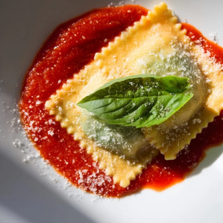 Spinach ricotta ravioli served in a rustic bowl, garnished with extra Parmesan and a drizzle of olive oil.