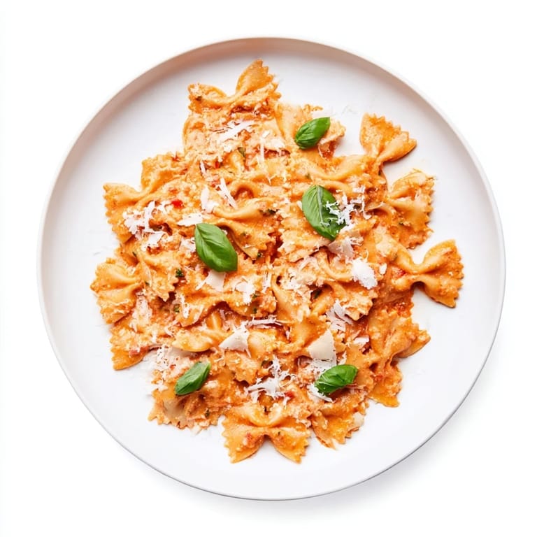 A close-up of silky tomato sauce coating every bowtie pasta ridge, with grated Parmesan and a sprinkle of red pepper flakes.