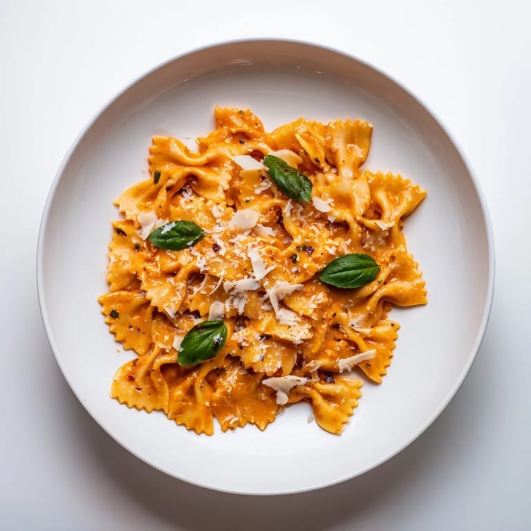 Steaming plate of tomato basil bowtie pasta beside a glass of white wine and garlic bread, perfect for an Italian-inspired dinner.
