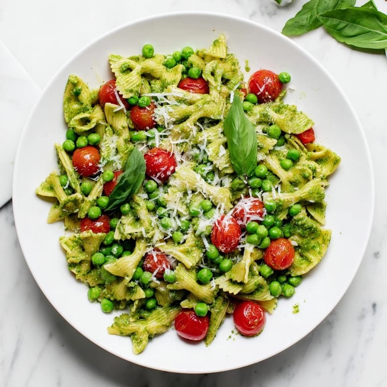 A rustic picnic spread features Green Pesto Pasta Salad with cherry tomatoes and peas, served on a checkered blanket.