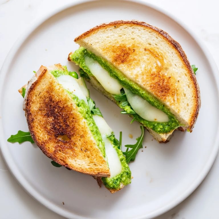 A vegetarian Spring Pea Pesto Grilled Cheese showcases melty mozzarella and bright pea pesto between golden sourdough slices.