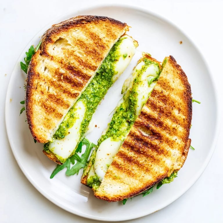 Spring Pea Pesto Grilled Cheese sandwich features melted mozzarella and bright basil pesto on golden sourdough.  