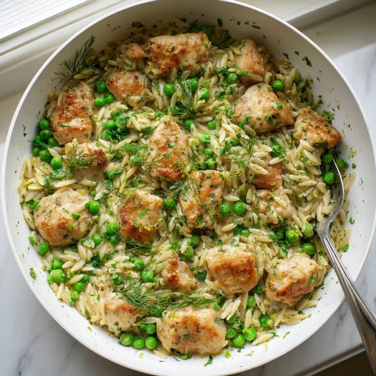 Close-up of Lemon Herb Chicken Orzo Skillet, featuring sautéed chicken, orzo pasta, and vibrant green peas garnished with fresh dill and parsley.