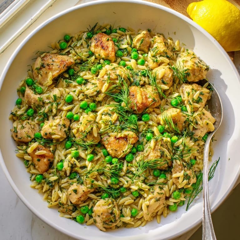 A finished skillet of Lemon Herb Chicken Orzo with tender chicken, peas, and herbs, ready to serve for a light spring dinner.  
